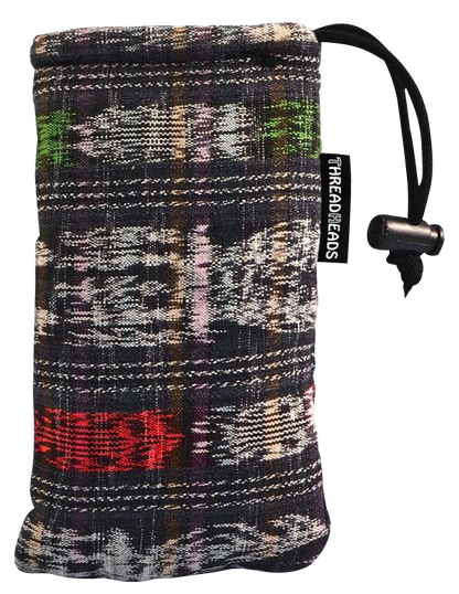 Front view of the ThreadHeads Drawstring Padded Pouch, showing a colorful patterned fabric with a drawstring closure.