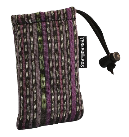 Front view of the ThreadHeads Drawstring Padded Pouch, featuring a patterned fabric and black drawstring.