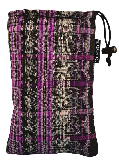 A close-up of the ThreadHeads Drawstring Padded Pouch featuring a purple and gray patterned fabric with a black drawstring closure.