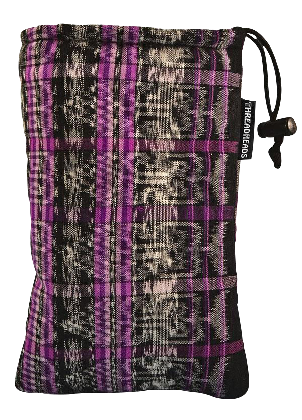 A close-up of the ThreadHeads Drawstring Padded Pouch featuring a purple and gray patterned fabric with a black drawstring closure.