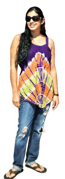 A woman models the Tie Dye Umbrella Top, a sleeveless, colorful top against a plain white background. - Tie Dye Umbrella Top