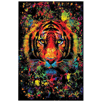 A striking front view of the Tiger Splatter Non-Flocked Blacklight Poster – 24" x 36", featuring a vibrant tiger portrait with a colorful splatter effect. - Tiger Splatter Non-Flocked Blacklight Poster - 24" x 36"