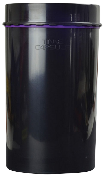 Front view of the "Time Capsule" Sealable Storage Device, a black cylindrical container with a screw-on lid.