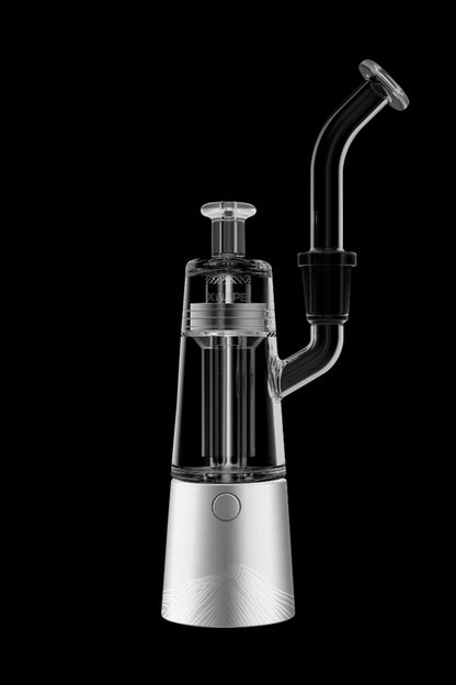 Silver e-rig with a glass bubbler and mouthpiece, isolated on a black background.