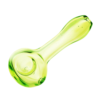 A close-up of the translucent spring green Spoon Pipe, showing its curved form and smooth glass finish.