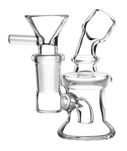 A slightly angled view of the Super Nano Travel Rig Bubbler, showcasing its compact size and clear glass construction.