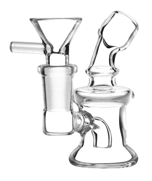 A slightly angled view of the Super Nano Travel Rig Bubbler, showcasing its compact size and clear glass construction.