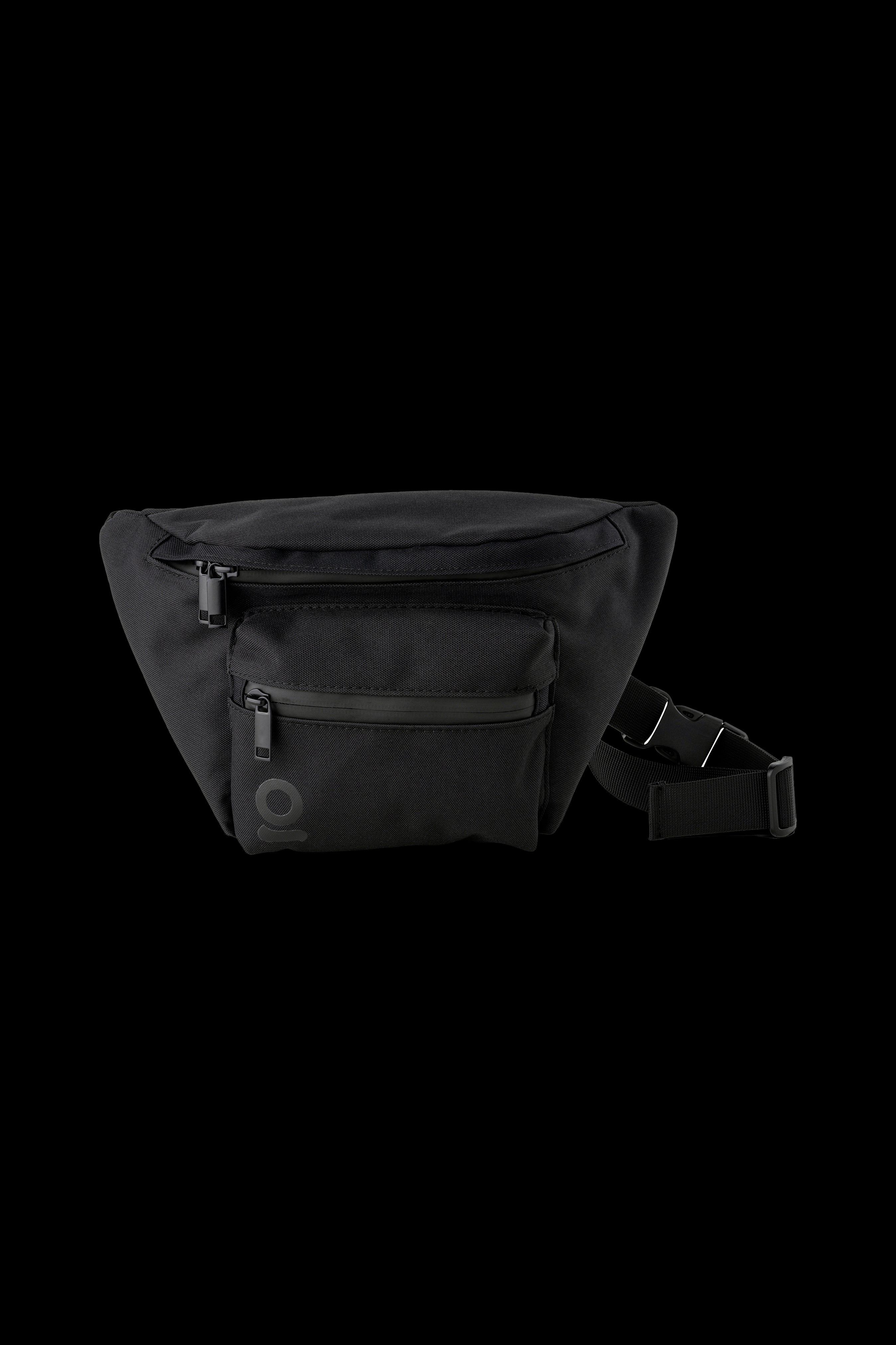 Black cannabis accessory bag with a zippered main compartment and small exterior pocket, designed as a discreet carry case.