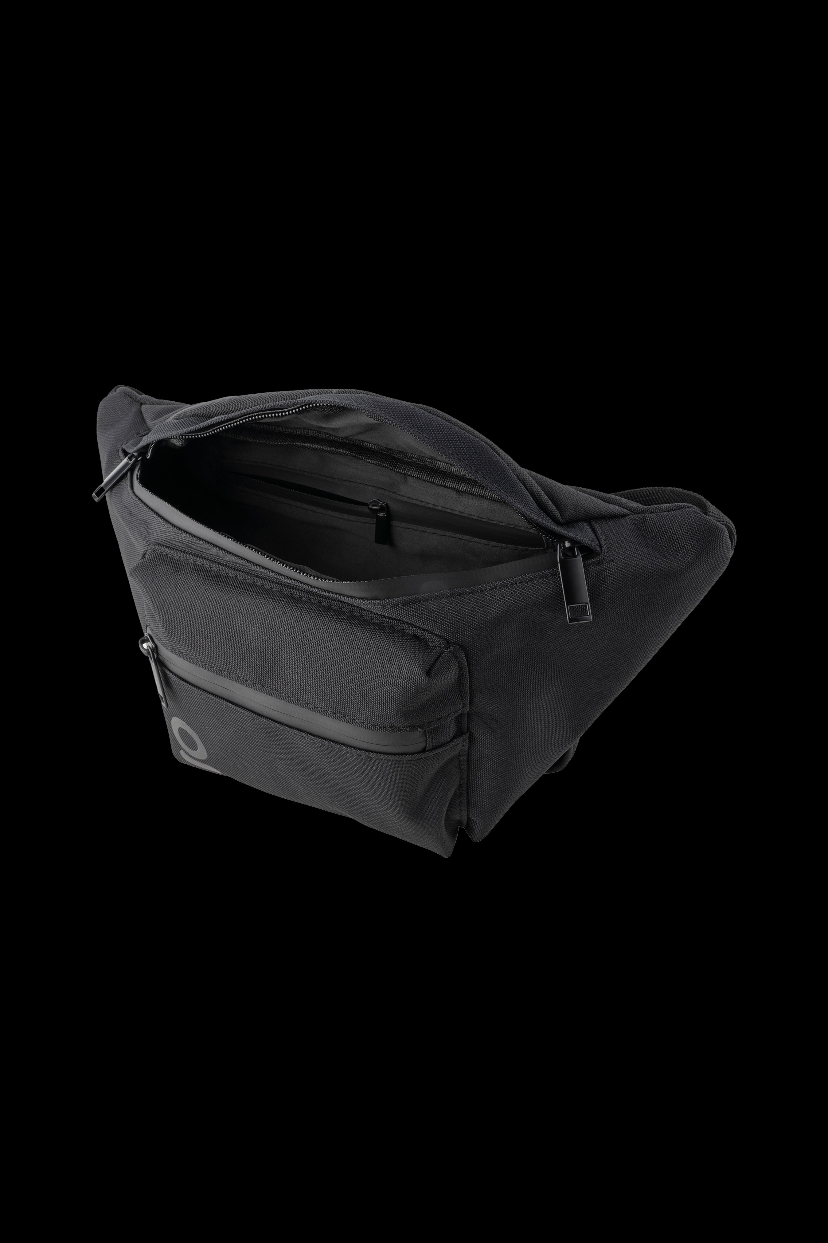 Black cannabis accessory bag with open zipper revealing interior.