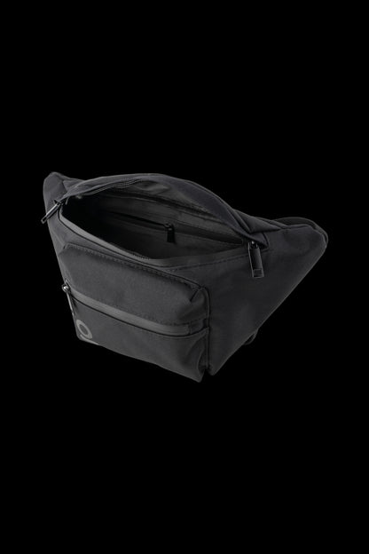 Black cannabis accessory bag with open zipper revealing interior.