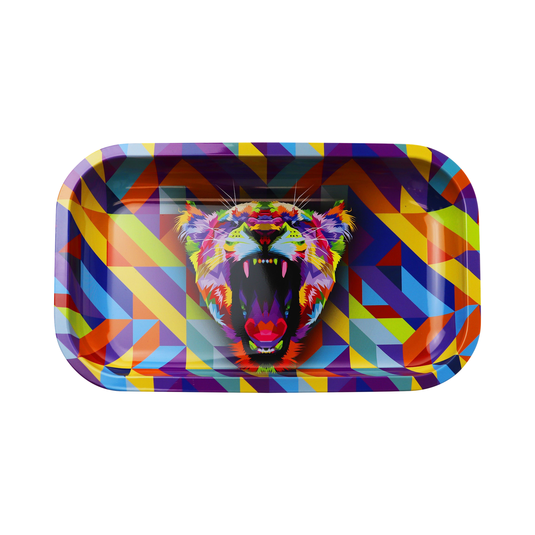 Overhead view of the "Puff Puff Pass "Lioness" Rolling Tray" featuring a vibrant lioness graphic against a colorful, geometric background.