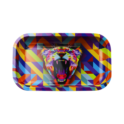 Overhead view of the "Puff Puff Pass "Lioness" Rolling Tray" featuring a vibrant lioness graphic against a colorful, geometric background.