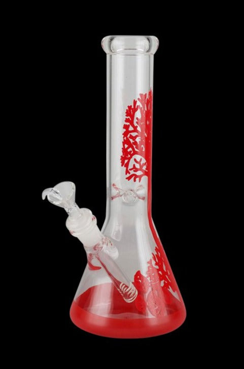 Front view of the Decal Water Pipe Beaker Bong - Tree of Life, showcasing a clear glass beaker with a detailed tree decal.