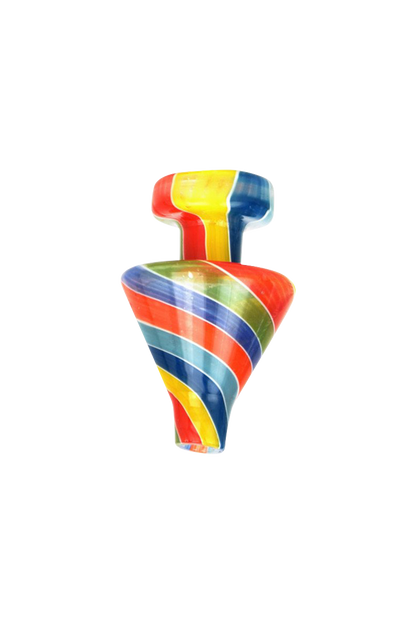 A close-up, angled view of the Glass Triangle Cone Carb Cap, showing its colorful, triangular shape against a plain white background.