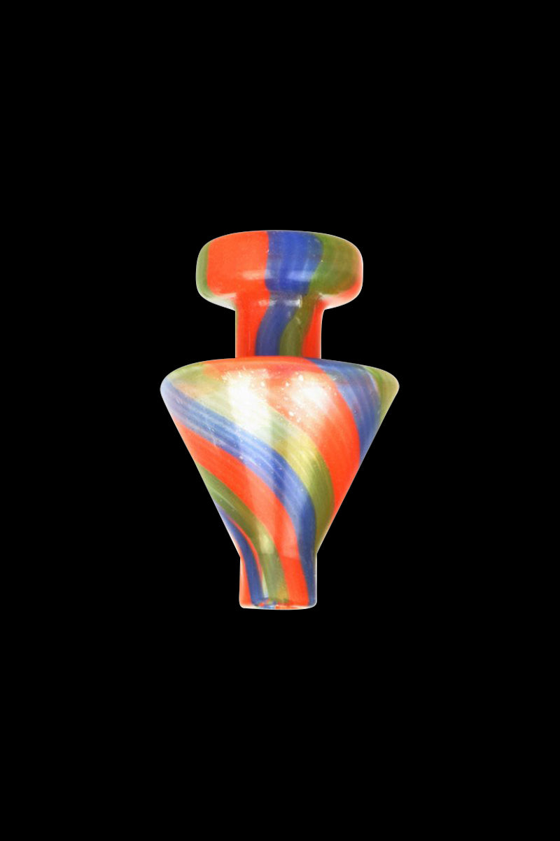 A close-up shot of the Glass Triangle Cone Carb Cap, showcasing its triangular shape and smooth glass construction.