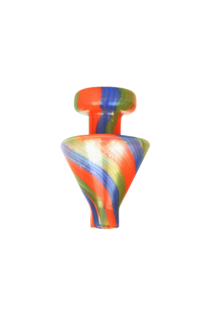 A top-down view of the Glass Triangle Cone Carb Cap, showcasing its colorful, triangular shape against a plain white background.