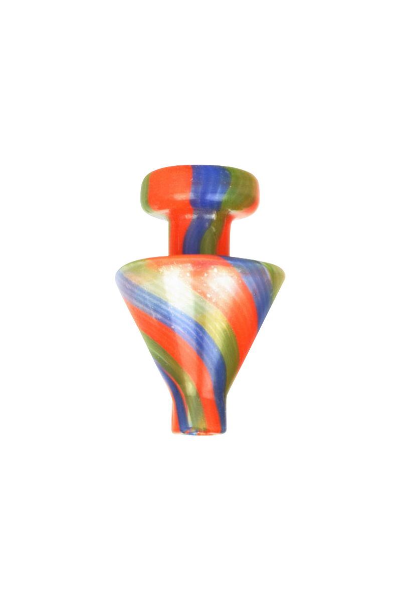 A top-down view of the Glass Triangle Cone Carb Cap, showcasing its colorful, triangular shape against a plain white background.