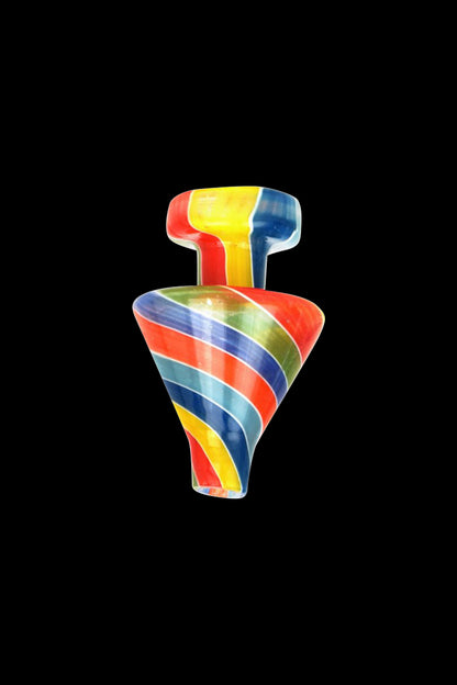 A close-up of the Glass Triangle Cone Carb Cap, showcasing its textured glass construction against a dark backdrop.