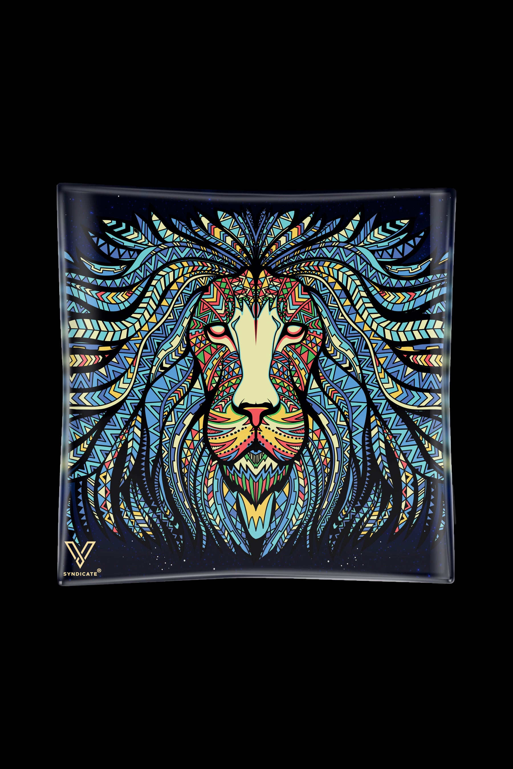Colorful geometric lion head ashtray or tray, with a Syndicate logo.