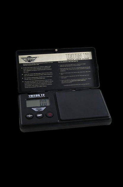 Front view of the MyWeigh Triton T2 120g scale, featuring a digital display and sleek black finish.