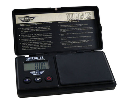 Close-up of the MyWeigh Triton T2 200g x 0.01g Scale, showing its open lid and digital display against a white instructional background.