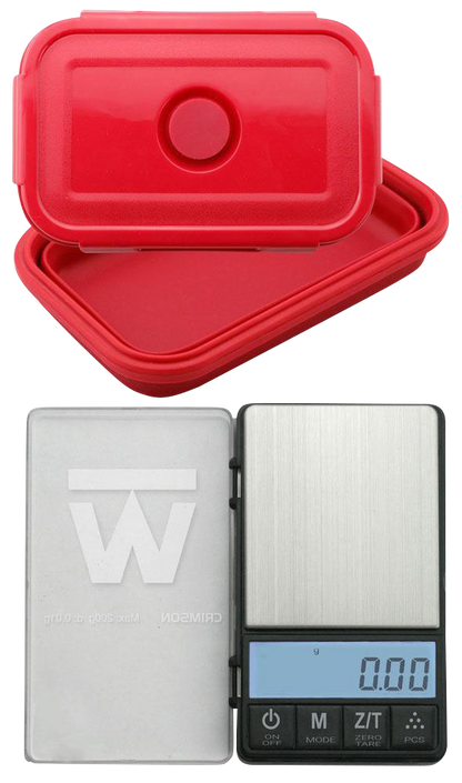 Front view of the Truweigh Crimson Collapsible Bowl Scale, displaying a digital readout with a black and red collapsible bowl.
