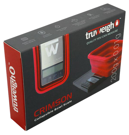A close-up, angled view of the Truweigh Crimson Collapsible Bowl Scale, showing its digital display and sleek design.