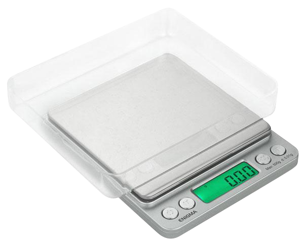 A close-up, top-down view of the Truweigh Enigma Digital Mini Scale with a sleek, silver finish and digital display.