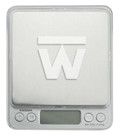 Front view of the Truweigh Enigma Digital Mini Scale, displaying a black screen with buttons on a light gray surface.