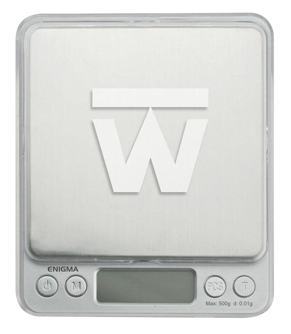 Front view of the Truweigh Enigma Digital Mini Scale, displaying a black screen with buttons on a light gray surface.