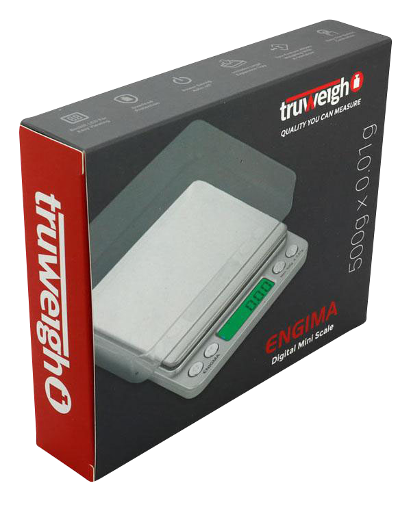 A slightly angled close-up of the Truweigh Enigma Digital Mini Scale, showcasing its compact size and digital display.