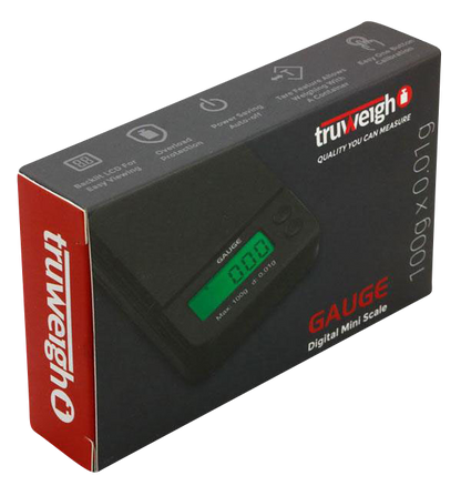 A close-up of the Truweigh Gauge Digital Mini Scale with its digital display, showing a side view of the compact device.