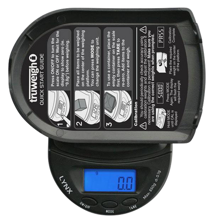 Top-down view of the Truweigh Lynx Digital Mini Scale, displaying "0.00" on its digital screen with control buttons.