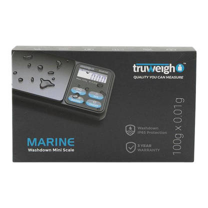 Front view of the Truweigh Marine Washdown Mini Scale, showcasing its sleek digital display against a black backdrop.