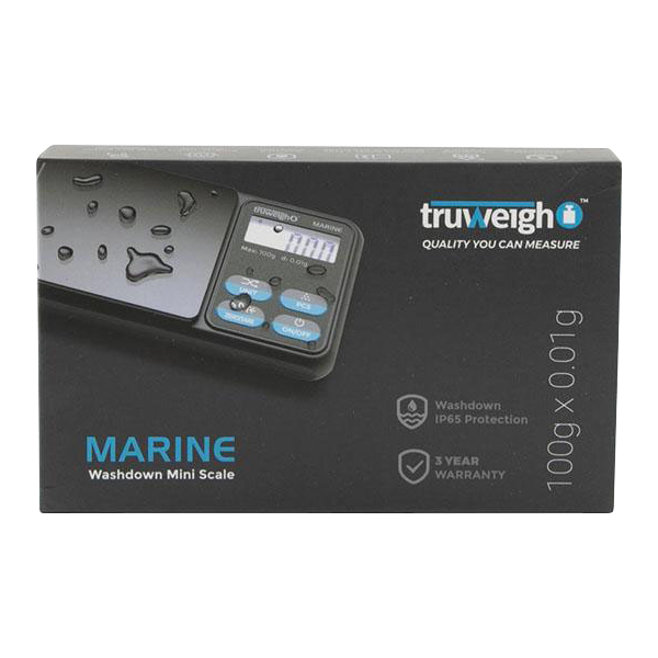 Front view of the Truweigh Marine Washdown Mini Scale, showcasing its sleek digital display against a black backdrop.