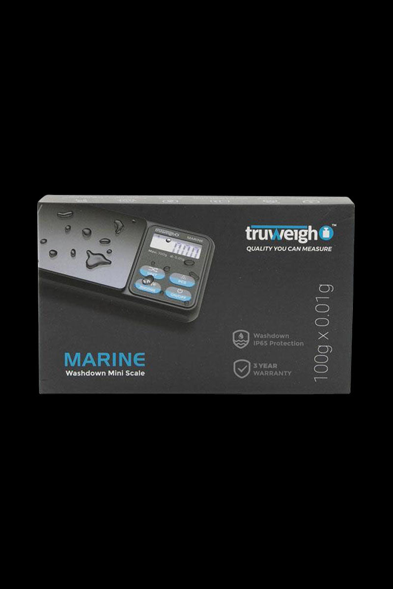 Front view of the Truweigh Marine Washdown Mini Scale, a compact digital scale with a black casing and a clear display.