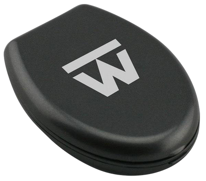 A top-down view of the black Truweigh Sonic Digital Mini Scale with a sleek, compact design.