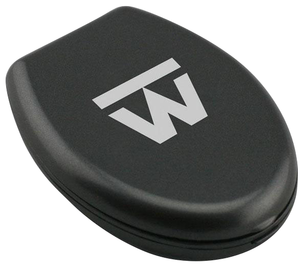 A top-down view of the black Truweigh Sonic Digital Mini Scale with a sleek, compact design.