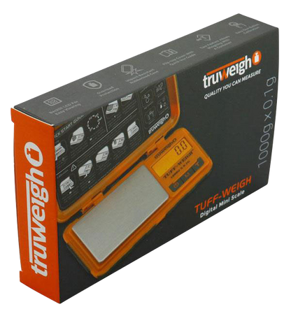 Front view of the Truweigh Tuff-Weigh Mini Scale against a white background, showing its digital display and sleek, compact design.