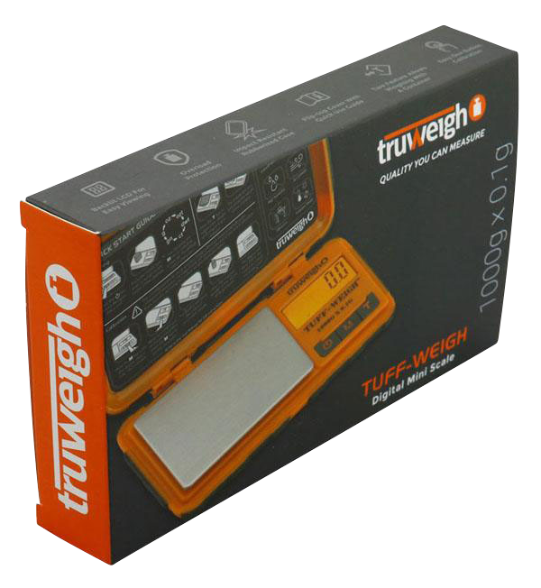 Front view of the Truweigh Tuff-Weigh Mini Scale against a white background, showing its digital display and sleek, compact design.