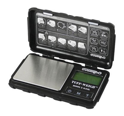 Front view of the Truweigh Tuff-Weigh Mini Scale, displaying its closed, black plastic casing and labeled buttons.