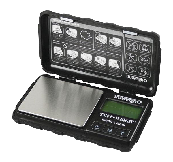 Front view of the Truweigh Tuff-Weigh Mini Scale, displaying its closed, black plastic casing and labeled buttons.