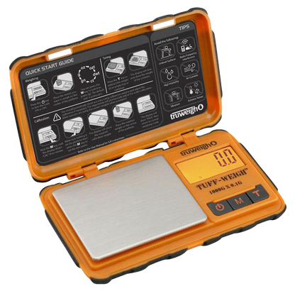 Front view of the Truweigh Tuff-Weigh Mini Scale, displaying its open lid and digital screen with multiple function icons.