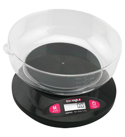 A top-down view of the Truweigh Vortex Digital Bowl Scale, showing a black bowl with a digital display.