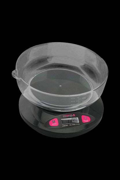 Front view of the Truweigh Vortex Digital Bowl Scale, showing a black bowl with a digital display, angled slightly to the left.