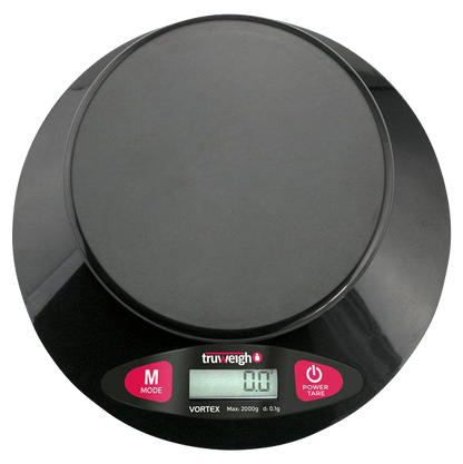 A top-down view of the Truweigh Vortex Digital Bowl Scale, displaying a digital readout on its black surface.