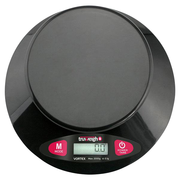 A top-down view of the Truweigh Vortex Digital Bowl Scale, displaying a digital readout on its black surface.