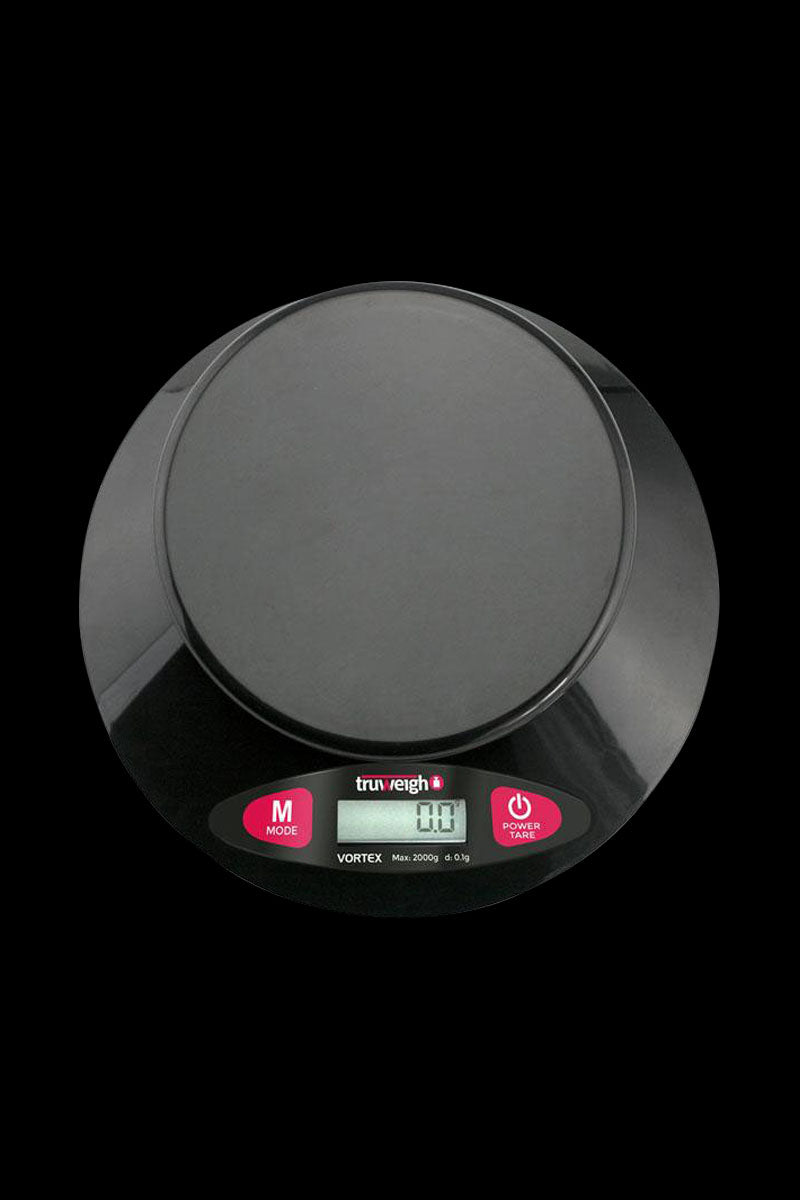 A close-up, angled view of the Truweigh Vortex Digital Bowl Scale, displaying a digital readout on its black surface.