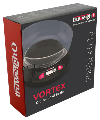 A close-up, angled shot of the Truweigh Vortex Digital Bowl Scale, showcasing its sleek, black design and digital display.