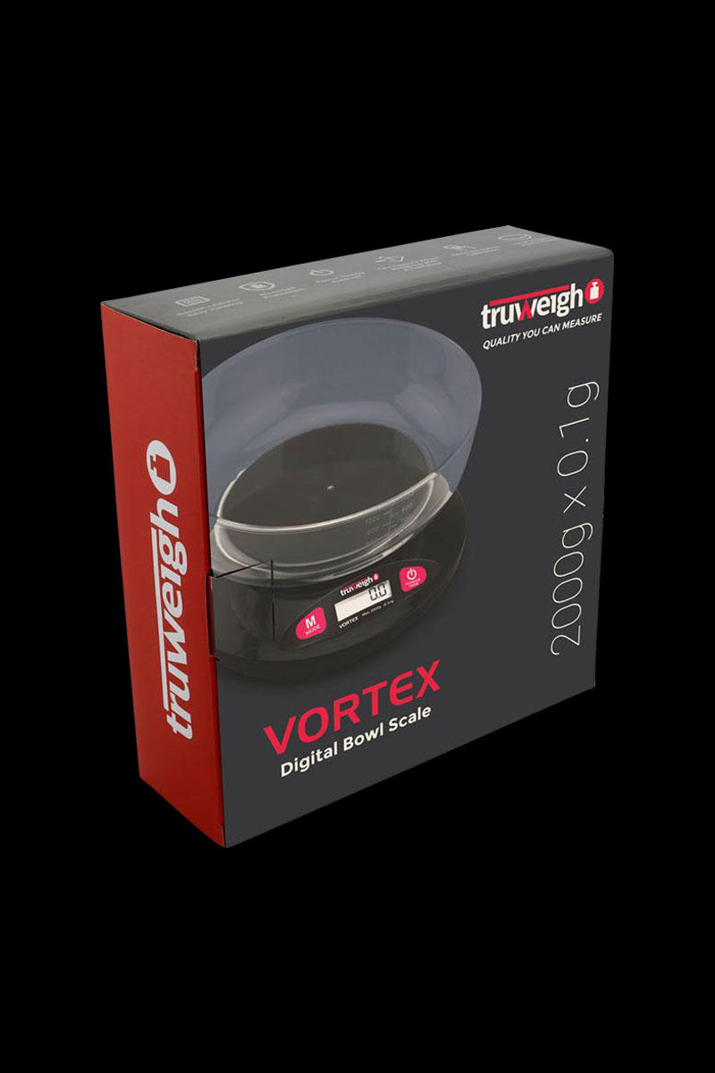A close-up, angled view of the Truweigh Vortex Digital Bowl Scale, showcasing its circular design and branded logo.